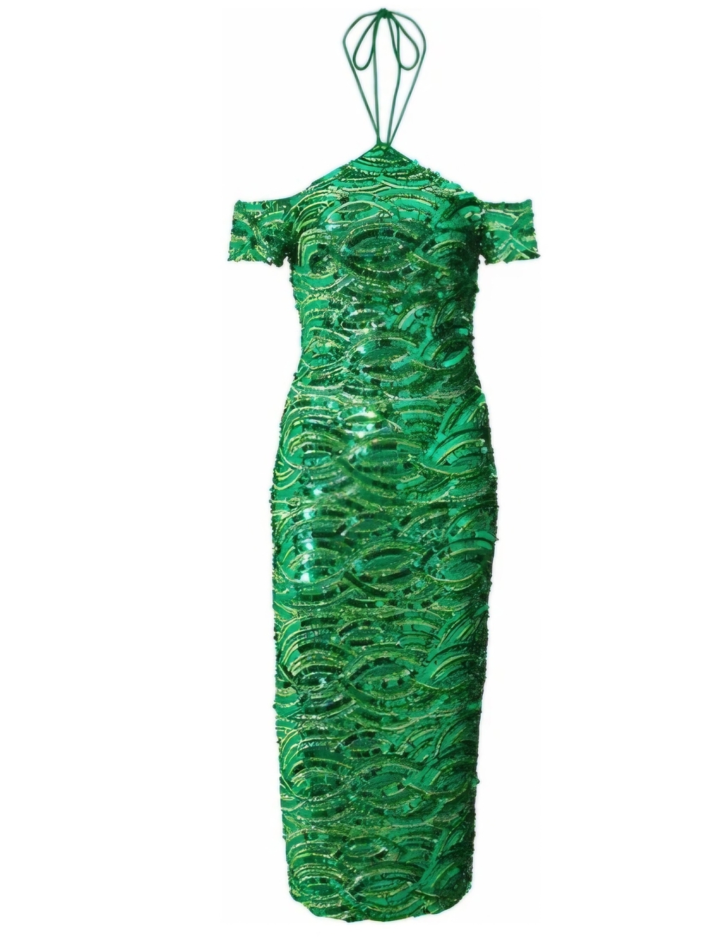 Alice + Olivia Green Sequin One-Shoulder Halter Evening Dress
